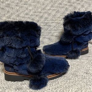 Sam Edelman faux fur winter tie up lace Pom boots slip on blue black fuzzy navy